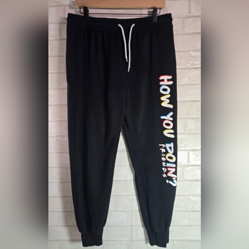FRIENDS Logo Black Joggers "How you Doin?" Size L Women's 90s TV Fandom